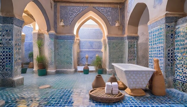 Muslim spa in Morocco, with Arabian mosaics, reflecting Africa's interior, Islam, and Arab mosaic religion