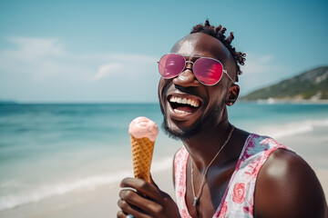 Portrait of happy african american man eating ice cream on the beach - Powered by Adobe