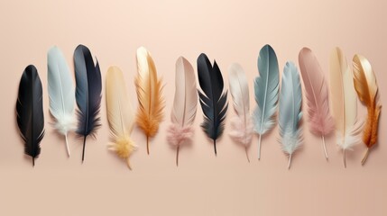  a row of different colored feathers lined up in a row on top of a pink background with a pink wall in the background.