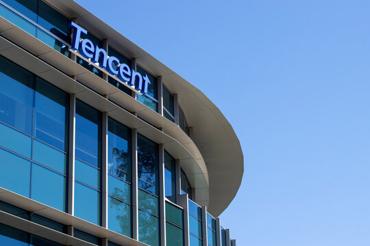 Palo Alto, CA, USA - May 4, 2022: Tencent logo is seen at its U.S. headquarters in Palo Alto, California. Tencent is a Chinese technology and entertainment conglomerate and holding company.