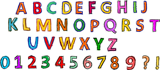 Alphabet and Numbers Colorful Crayon Drawing Set - obrazy, fototapety, plakaty