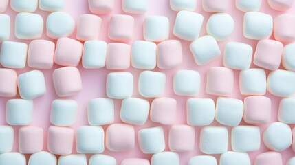  pink and white marshmallows are arranged in a pattern on a pink and white background with space for text.