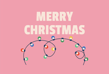 Postcard with text merry christmas, garland with light bulbs, lettering.