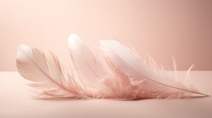  a group of white feathers sitting on top of a pink table next to a light pink wall in the background.