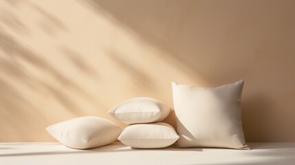 Fototapeta na wymiar a pile of pillows sitting on top of a bed next to a pillow on top of a pillow on top of a bed.