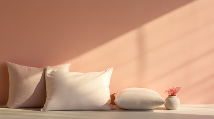  a couple of pillows sitting on top of a bed next to a vase and a vase with a flower in it.