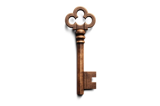 Vintage Ornate Metal Key | Isolated on Transparent & White Background | PNG File with Transparency