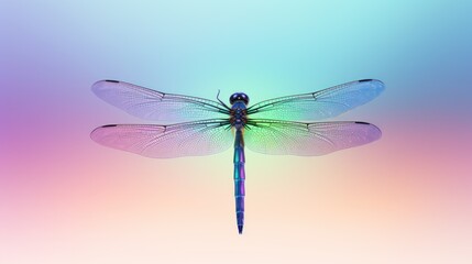  a blue and green dragonfly sitting on top of a blue and pink background with a light reflection on it's wings.