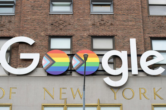 New York, NY, USA - July 7, 2022: Closeup of the Google NYC's pride signage seen at its Chelsea office in New York City. Google LLC is an American multinational technology company.