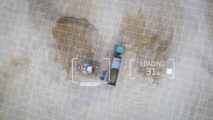 Bulldozer loading a truck at a quarry site with graphic visualization - 3D render