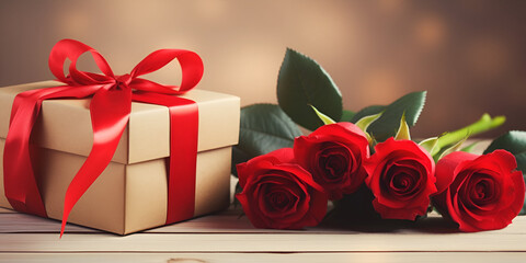 red rose and gift box,Gift box wrapped with red ribbon and bottle of perfume on wooden boards with red tulips, generative AI