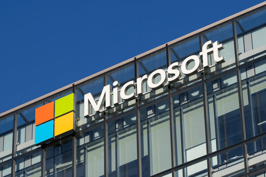 Vancouver, BC, Canada - Dec 22, 2023: Closeup of the Microsoft logo seen at its Vancouver campus in Canada. Microsoft Corporation is an American tech company headquartered in Redmond, Washington.
