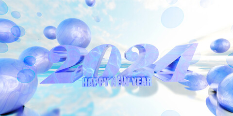 Blue Sky HAPPY NEW YEAR BUBBLES | Celebration | 2024 | 3d Background design, Render abstract, METALLIC