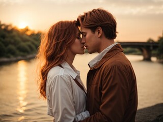 Romantic couple in love kissing at sunset by the river.
