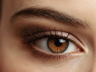 Obraz premium Human girl brown female eye, closeup macro. Woman face with beauty makeup, perfect skin