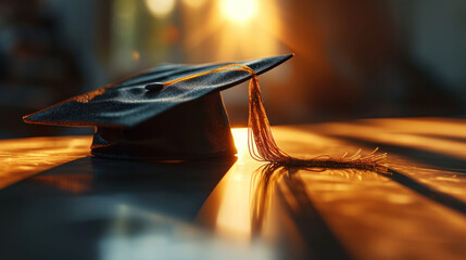 Silhouetted graduation hat on a warm backlit surface. Symbol of academic success and future aspirations at sunset.
