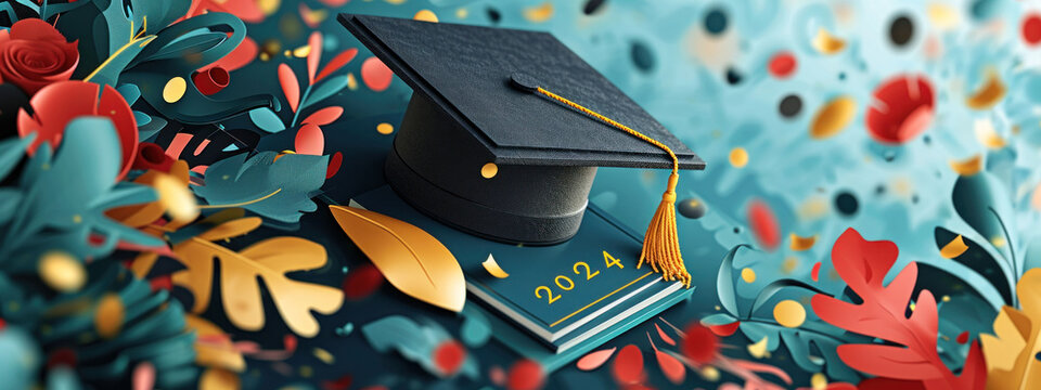 Graduation cap among vibrant floral decorations and "2024" year sign, signifying the colorful journey of education.

