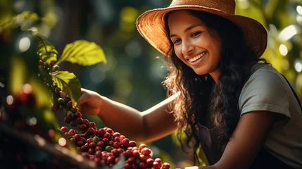Foto op Aluminium  a woman in a straw hat is picking berries from a bush with a smile on her face as she smiles at the camera. © Anna