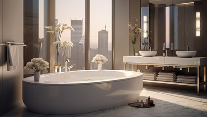cuarto de baño moderno en tonos blancos y beige decorado con bañera, lavabo y gran ventanal con vistas a los rascacielos de la ciudad