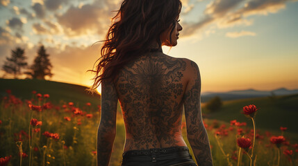 woman in the meadow with tattoos
