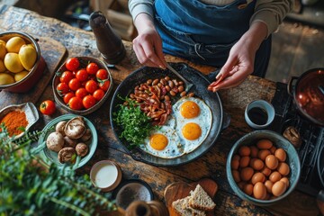picture of english breakfast with eggs, tomatoes, , bacon, beans, mushrooms and sausage - obrazy, fototapety, plakaty