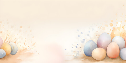 Naklejka na ściany i meble Beige watercolor illustration with easter eggs, abstract background 