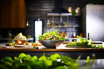 The process of preparing a salad in a bowl with ingredients scattered on the kitchen countertop, with splashes of water and oil.