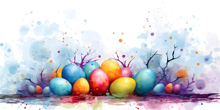 Watercolor illustration of colourful easter eggs, abstract background 