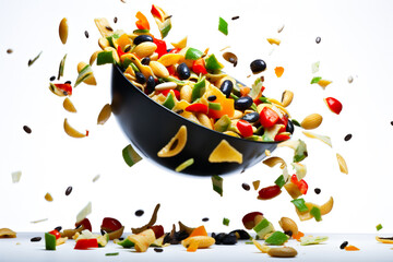 A bowl of salad and olives in zero gravity, surrounded by splashes of water and oil, with pieces flying around.