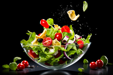A bowl of salad with splashes of oil and pieces flying around.