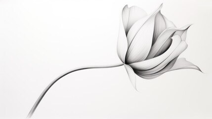  a black and white photo of a flower with a long stem in the center of the picture, with a white background.