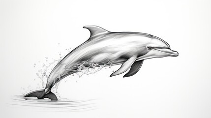  a black and white drawing of a dolphin jumping out of the water with a splash of water on its nose.