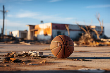 A deflated basketball next to an empty court, depicting the disappointment of canceled sports events. Concept of challenges in sports and event planning. Generative Ai.