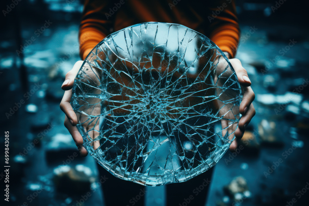 Poster a person holding a cracked and shattered mirror, symbolizing the challenges of self-reflection and p