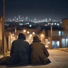 Homeless family living on the streets, at night, facing away from camera, blurred town in the background
