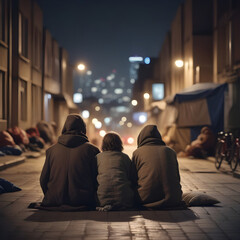 Homeless family living on the streets, at night, facing away from camera, blurred town in the background