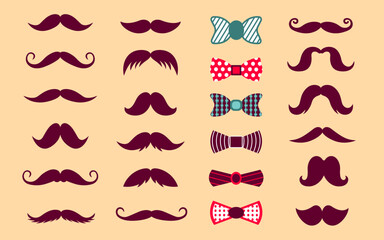 Set with various mustaches and bows. Cute collection of icons in flat style. Vector illustration with separate textures on items. - obrazy, fototapety, plakaty