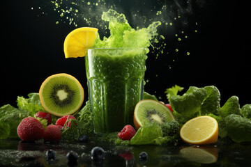 A vibrant green smoothie being poured into a glass, made with spinach, kale, and tropical fruits. Concept of a refreshing and healthy beverage. Generative Ai. - Powered by Adobe