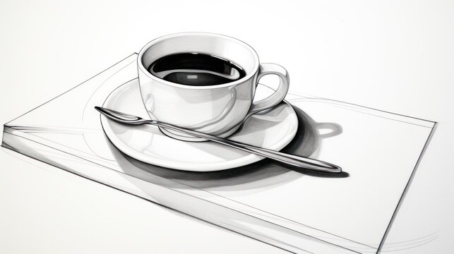  a drawing of a cup of coffee on a saucer with a knife and fork on top of a napkin.