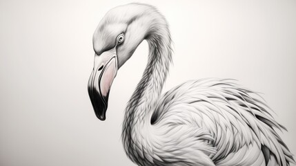  a black and white picture of a flamingo with a long neck and a long neck, standing in front of a white background. - obrazy, fototapety, plakaty