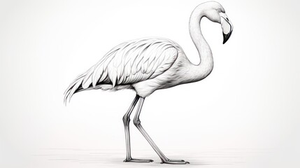 Naklejka premium a black and white drawing of a flamingo standing on one leg and it's head turned to the side.