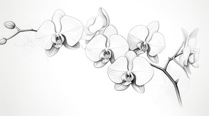  a drawing of a group of orchids on a white background with a reflection of the flowers in the water.