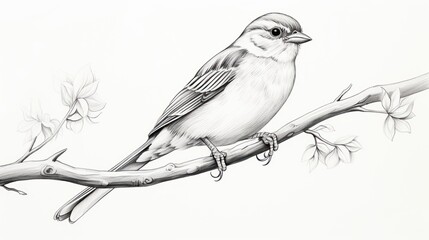  a black and white drawing of a bird on a tree branch with leaves and a branch with a bird on it.