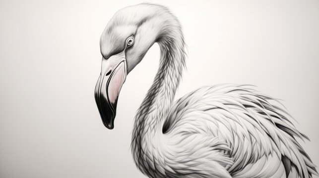  a black and white picture of a flamingo with a long neck and a long neck, standing in front of a white background.