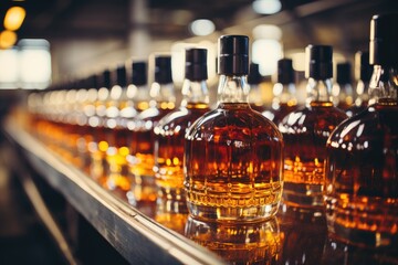 Automatic production line fills glass bottles with cognac - Powered by Adobe