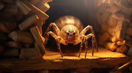  a large spider sitting on top of a pile of wood next to a pile of firewood next to a pile of logs.