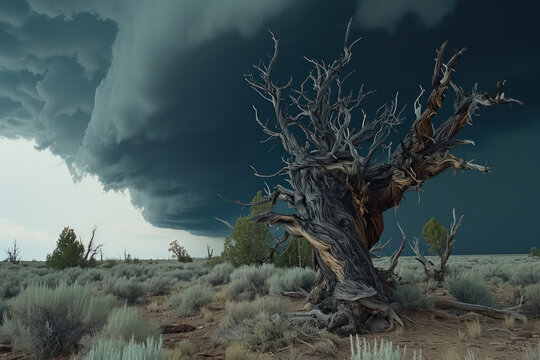 An image capturing a lone tree's unyielding strength amidst a tumultuous sky filled with dark clouds, a testament to its enduranc