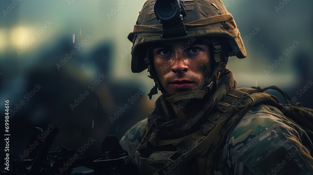 Wall mural A picture of a soldier in combat equipment with a tense expression on his face