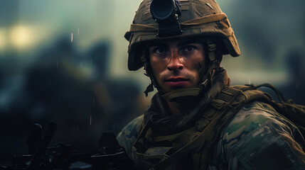 A picture of a soldier in combat equipment with a tense expression on his face - obrazy, fototapety, plakaty