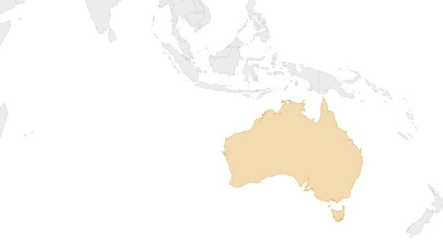 Animation of Australia country map on the world map. Animation of map zoom in with border and marking of major cities and capital of the country Australia. Background with alpha channel. Motion design